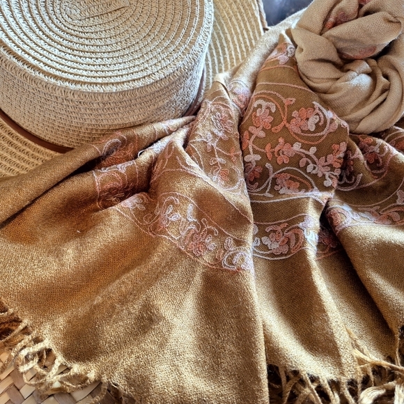 Accessories - Warm Rich  Tan Pashmina with Pastel Pinks Embroidery 70% Pashmina 30%silk